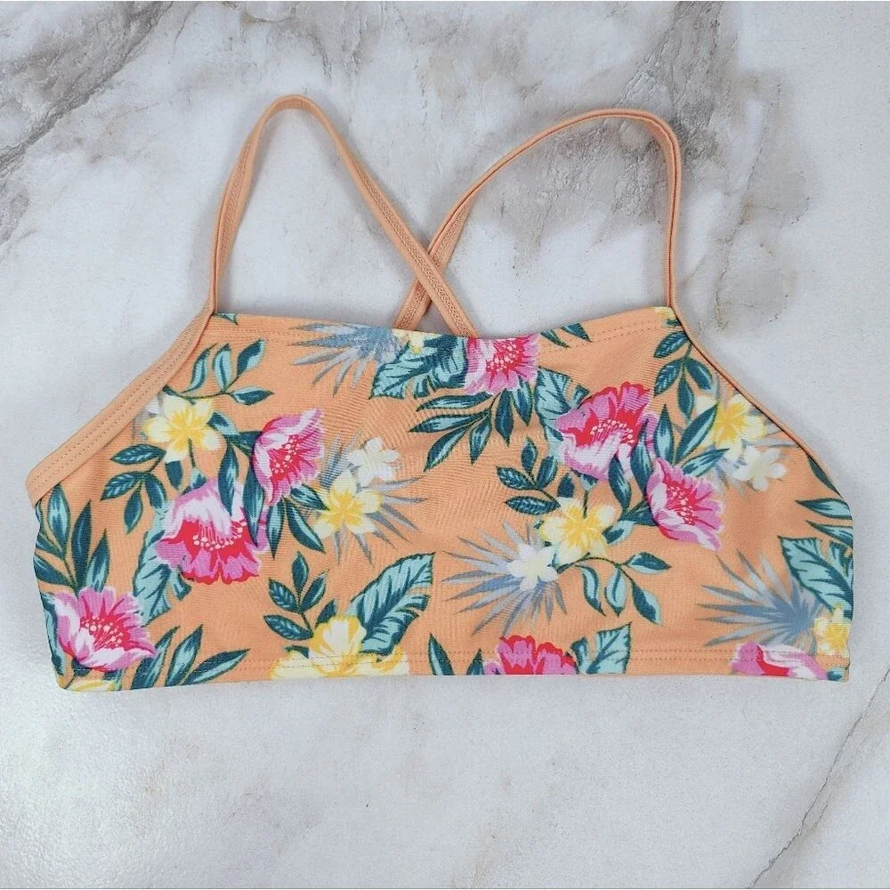 Art Class Girls' Orange Tropical Hawaiian Print Bikini Top, Sz M (7/8)